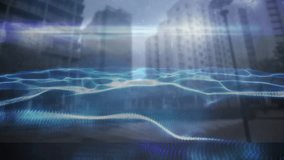 Faint grid emerging over plaza, glowing blue wave grid pulsing across towers illustrating data flow. Futuristic, technology, digital, abstract, sleek, innovation, urban - Powered by Shutterstock - Get 15% off with code: PIKWIZARD15