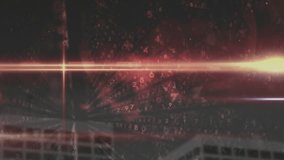 At one second mark above rooftops glowing beams crossing and radiating digits showing digital flow. Neon, cyber, futuristic, abstract, technology, innovation, urban - Powered by Shutterstock - Get 15% off with code: PIKWIZARD15