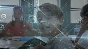 Blonde boy turning to camera holding pencil as overlay showing network nodes linking students. Education, collaboration, digital, innovation, learning, technology, youth - Powered by Shutterstock - Get 15% off with code: PIKWIZARD15