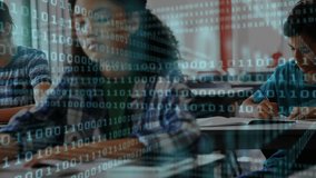 Teenage girl writing notes starting binary overlay growing while boy writing for education exercise. Education, technology, learning, classroom, concentration, innovation, digital - Powered by Shutterstock - Get 15% off with code: PIKWIZARD15