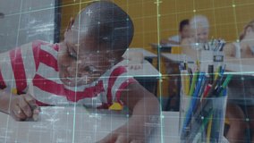 School camera panning revealing pupils scribbling marker twirling under grid overlay for education. Students, classroom, learning, education, study, creativity, school supplies - Powered by Shutterstock - Get 15% off with code: PIKWIZARD15