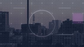Fade-in digital HUD interface rotating rings and glitch bars scanning city skyline at dusk for data. Futuristic, technology, interface, urban, digital, cyber, data - Powered by Shutterstock - Get 15% off with code: PIKWIZARD15