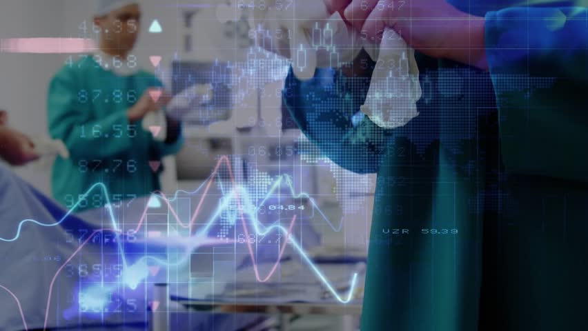 Lead surgeon pulling sterile glove after data overlay highlighting vitals before surgery. Medical, innovation, technology, precision, teamwork, healthcare, digital - Powered by Shutterstock - Get 15% off with code: PIKWIZARD15