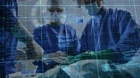 Digital code overlay focusing, guiding surgical team using forceps, making incision, suturing wound. Medical, teamwork, precision, technology, innovation, healthcare, clinical - Powered by Shutterstock - Get 15% off with code: PIKWIZARD15