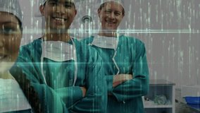 Surgeons in OR, glitch overlay starting and intensifying as camera zooming into female surgeon face. Medics, medical, digital, futuristic, teamwork, hospital, technology - Powered by Shutterstock - Get 15% off with code: PIKWIZARD15