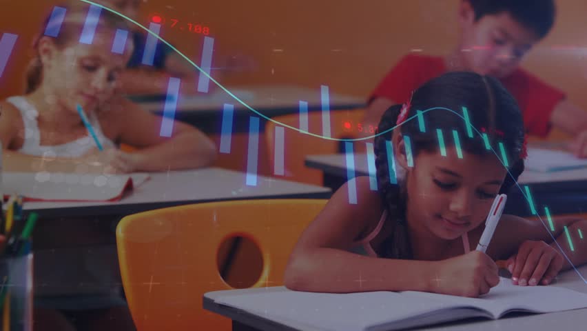 Children placing pens on paper in classroom, overlaying candlestick chart supporting data learning. Education, learning, childhood, classroom, focus, analytics, digital - Powered by Shutterstock - Get 15% off with code: PIKWIZARD15
