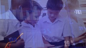 Left boy tapping tablet, peers leaning and exploring transparent overlay charts updating for study. Collaboration, education, technology, children, data, learning, teamwork - Powered by Shutterstock - Get 15% off with code: PIKWIZARD15