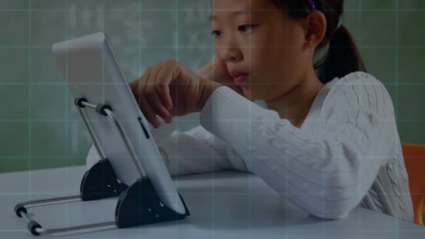 Girl leaning desk and watching tablet while initiating 5G overlay and exploring 6G pattern. Technology, innovation, connectivity, digital, futuristic, education, youth - Powered by Shutterstock - Get 15% off with code: PIKWIZARD15