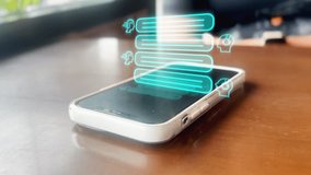 Futuristic smartphone with digital AI chatbot assistant featuring holographic interface and neural network-driven artificial intelligence technology. - Powered by Shutterstock - Get 15% off with code: PIKWIZARD15