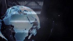 Colleagues ascending staircase in office generating holographic globe with orbiting network lines. Futuristic, technology, networking, collaboration, innovation, modern, digital - Powered by Shutterstock - Get 15% off with code: PIKWIZARD15