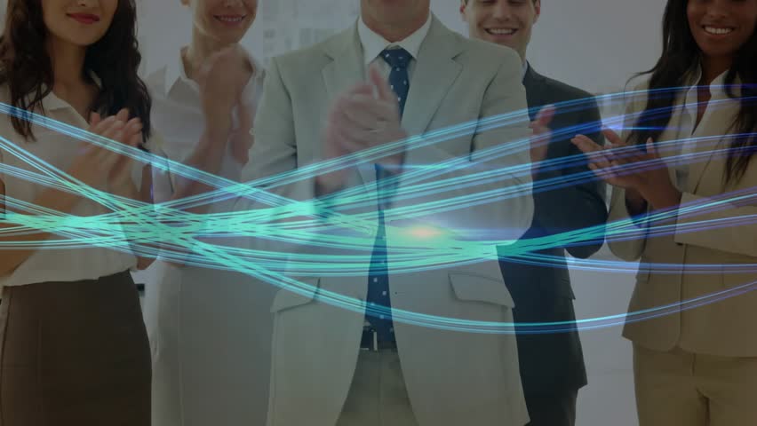 Business team clapping as blue light trails weaving holographic network overlay celebrating success. Collaboration, innovation, teamwork, professionalism, futuristic, corporate, technology - Powered by Shutterstock - Get 15% off with code: PIKWIZARD15