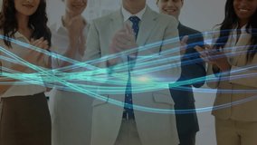 Business team clapping as blue light trails weaving holographic network overlay celebrating success. Collaboration, innovation, teamwork, professionalism, futuristic, corporate, technology - Powered by Shutterstock - Get 15% off with code: PIKWIZARD15
