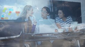 Business colleagues in meeting woman presenting idea activating animated graphics marking consensus. Collaboration, teamwork, digital, innovation, office, communication, strategy - Powered by Shutterstock - Get 15% off with code: PIKWIZARD15