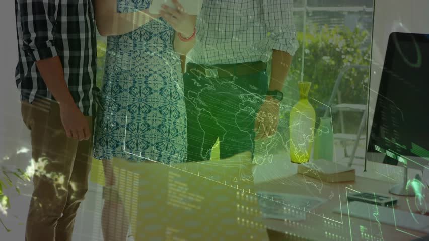 Female coworker tapping tablet point and activating world map overlay for global data analysis. Digital, collaboration, futuristic, innovation, teamwork, modern, data - Powered by Shutterstock - Get 15% off with code: PIKWIZARD15