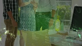 Female coworker tapping tablet point and activating world map overlay for global data analysis. Digital, collaboration, futuristic, innovation, teamwork, modern, data - Powered by Shutterstock - Get 15% off with code: PIKWIZARD15