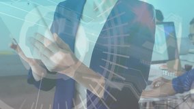 Professional woman lifting tablet and tapping screen cycling business growth keywords over torso. Technology, innovation, teamwork, modern office, digital interface, success, collaboration - Powered by Shutterstock - Get 15% off with code: PIKWIZARD15