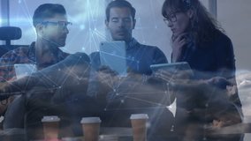 Three colleagues tapping tablet and collaborating on tech project as cloud mesh enveloping devices. Collaboration, digital workspace, connectivity, modern office, teamwork, innovation, network - Powered by Shutterstock - Get 15% off with code: PIKWIZARD15