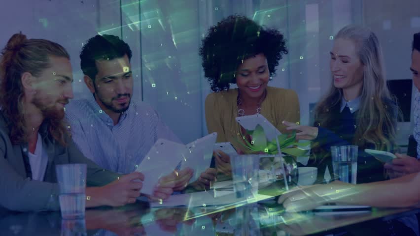 Colleagues lifting tablet activating floating overlays during report sharing in business meeting. Collaboration, teamwork, innovation, data analysis, modern, professional, technology - Powered by Shutterstock - Get 15% off with code: PIKWIZARD15