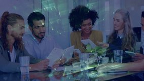 Colleagues lifting tablet activating floating overlays during report sharing in business meeting. Collaboration, teamwork, innovation, data analysis, modern, professional, technology - Powered by Shutterstock - Get 15% off with code: PIKWIZARD15