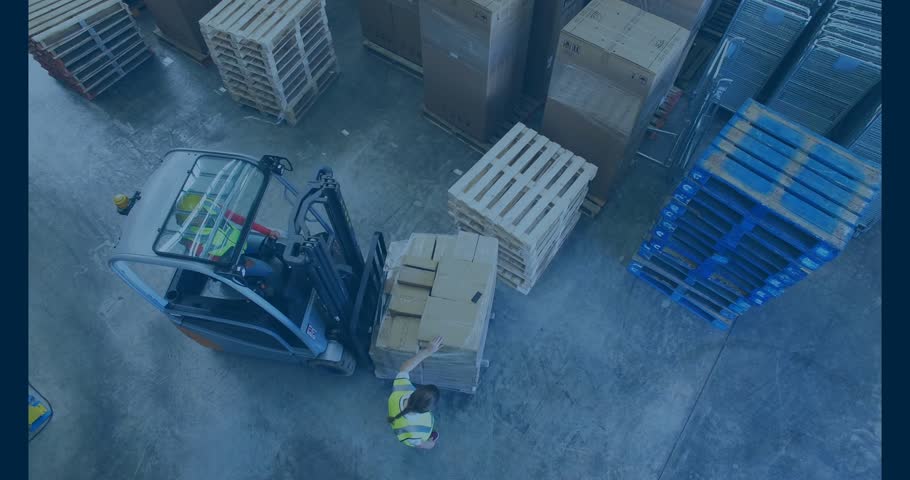 Forklift driver lifting pallet as peer checking counts and code overlay updating warehouse tracking. Logistics, inventory, automation, industrial, teamwork, digital, warehouse