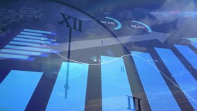 Clock overlay appearing bars rising, line sweeping, rings updating, arrow sliding for finance. Digital, analytics, modern, business, technology, data, futuristic - Powered by Shutterstock - Get 15% off with code: PIKWIZARD15