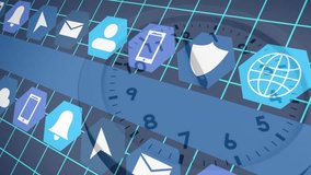 On start spiral tube rotating, clock hand sweeping, orbiting icons showing time progression. Cyberspace, data visualization, futuristic, digital interface, technology, motion, connectivity - Powered by Shutterstock - Get 15% off with code: PIKWIZARD15