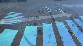 Starting overlay causing rising bars rotating clock updating gauges line graph showing data updates. Data, analytics, dashboard, progress, visualization, technology, statistics - Powered by Shutterstock - Get 15% off with code: PIKWIZARD15