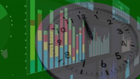 Clock face fading in, rotating, bars shifting, graphs appearing, ticker scrolling reflecting data. Infographics, data visualization, animation, finance, analytics, motion graphics, technical - Powered by Shutterstock - Get 15% off with code: PIKWIZARD15