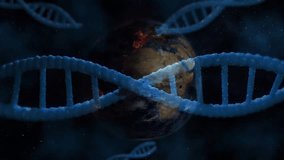 Opening space sliding DNA helix revealing rotating Earth with swirling loops visualizing network. Genetics, astronomy, futuristic, digital, connectivity, innovation, science - Powered by Shutterstock - Get 15% off with code: PIKWIZARD15
