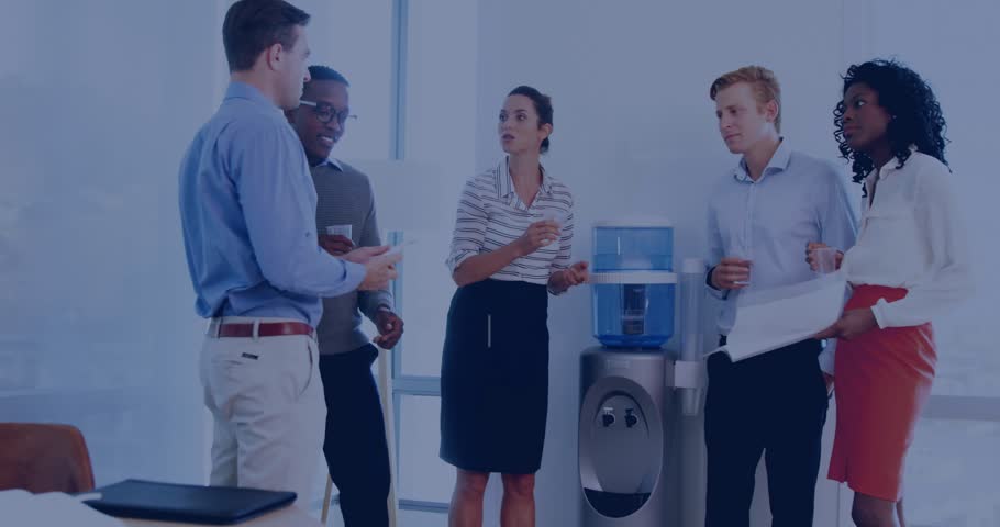 Colleagues standing near cooler watching icons drifting and tapping phone tracking media metrics. Collaboration, digital, networking, innovation, communication, technology, analysis