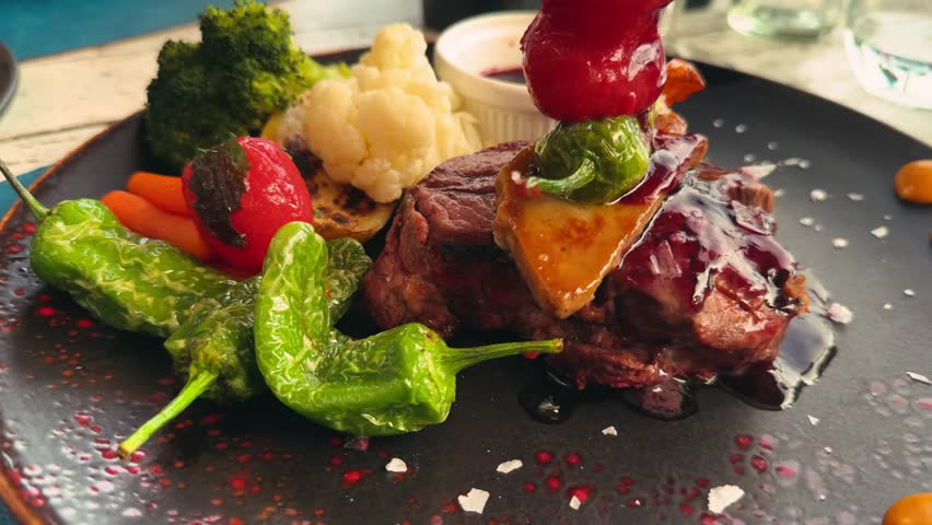 Steak beef tenderloin with foie gras topped with berry sauce served with grilled vegetables. High quality 4k footage