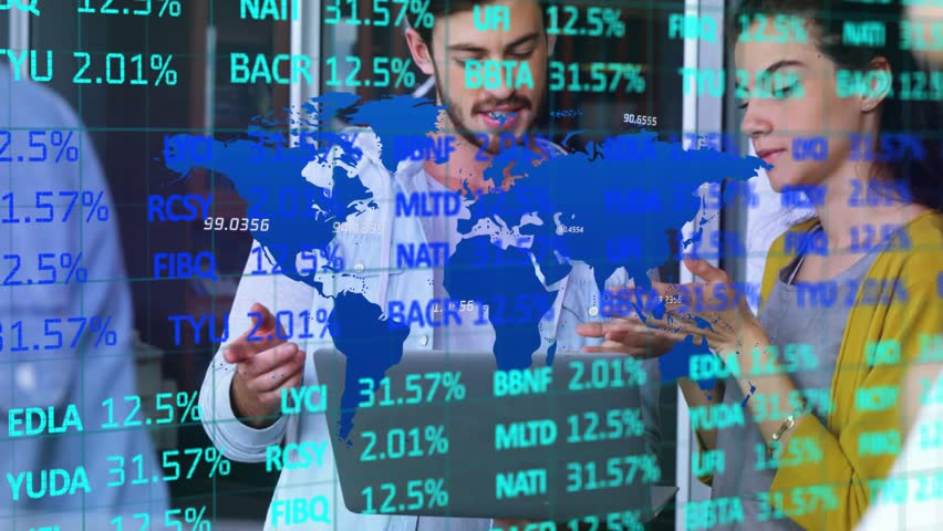 Two professionals analyzing laptop and noting as finance data overlay updating fueling decisions. Business, collaboration, analytics, technology, finance, data visualization, modern - Powered by Shutterstock - Get 15% off with code: PIKWIZARD15