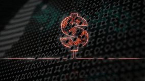 Binary streams sliding, forming wave behind pulsing neon-red dollar sign dot-matrix sphere rotating. Cybersecurity, blockchain, fintech, digital, technology, innovation, futuristic - Powered by Shutterstock - Get 15% off with code: PIKWIZARD15