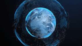 Rotating globe with pulsing mesh driving icon animations and CO² bars fluctuating for emission data. Globes, data visualization, technology, environment, sustainability, digital interface, futuristic - Powered by Shutterstock - Get 15% off with code: PIKWIZARD15