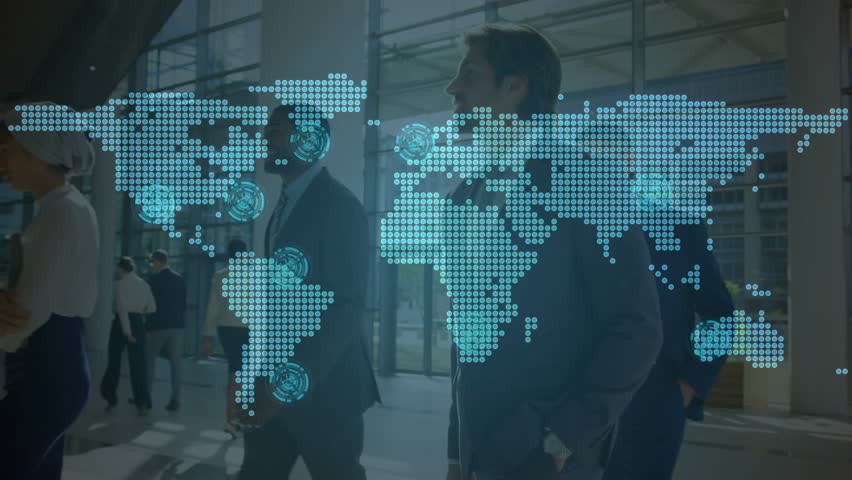 Business team walking through lobby with map overlay appearing nodes pulsing forming global network. Corporate, networking, collaboration, expansion, modern, diverse, mobility - Powered by Shutterstock - Get 15% off with code: PIKWIZARD15