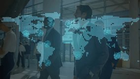 Business team walking through lobby with map overlay appearing nodes pulsing forming global network. Corporate, networking, collaboration, expansion, modern, diverse, mobility - Powered by Shutterstock - Get 15% off with code: PIKWIZARD15