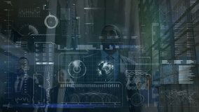 Two business professionals stepping into holographic interface and analyzing pulsing gauge data. Technology, innovation, analytics, future, collaboration, digital, strategy - Powered by Shutterstock - Get 15% off with code: PIKWIZARD15