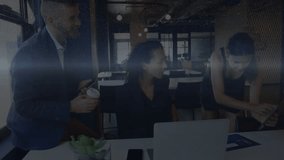 Business professionals tapping tablet referencing laptop initiating animated data flow for project. Collaboration, teamwork, digital, modern, innovation, brainstorming, analytics - Powered by Shutterstock - Get 15% off with code: PIKWIZARD15