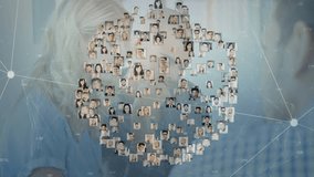 Thumbnails streaming into cluster over blurred faces rotating scattering revealing data links in IT. Digital network, connectivity, data visualization, abstract, futuristic, collaboration, harmony - Powered by Shutterstock - Get 15% off with code: PIKWIZARD15