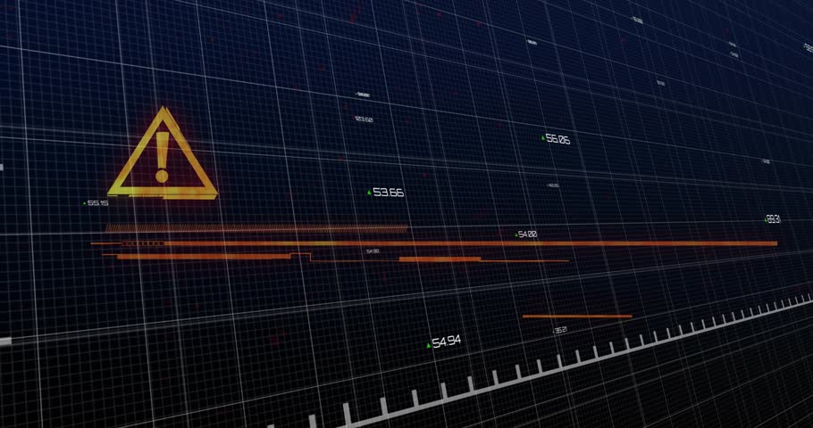 Dark grid with orange bar green line rising triangle DANGER forming graph surging demanding action. Futuristic, alert, warning, cybersecurity, data visualization, digital interface, urgency