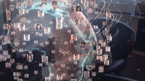 Woman raising arm initiating data input globe rotating visualizing business network links. Digital, technology, futuristic, connection, innovation, enterprise, networking - Powered by Shutterstock - Get 15% off with code: PIKWIZARD15