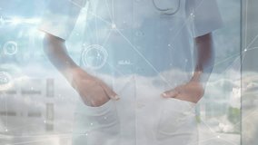 Doctor moving hands from coat and pulling back camera showing stethoscope cloud overlay data charts. Medical, technology, data, digital, healthcare, professional, futuristic - Powered by Shutterstock - Get 15% off with code: PIKWIZARD15