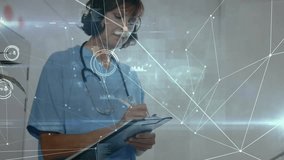 Healthcare worker writing patient data in clinic while network graphics linking nodes around. Medical, technology, futuristic, healthcare, professionalism, digital, innovative - Powered by Shutterstock - Get 15% off with code: PIKWIZARD15