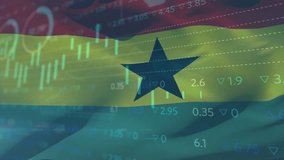 Opening Ghana flag initiating bars rising, graphs animating, tickers scrolling market trends. Patriotic, financial, data visualization, digital, economic, analysis, modern - Powered by Shutterstock - Get 15% off with code: PIKWIZARD15
