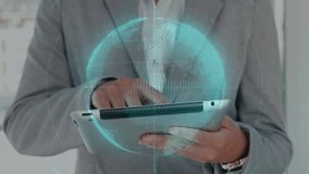 Gesture-triggered holographic globe on tablet rotating while user swiping for exploring data points. Technology, innovation, data visualization, 未来, augmented reality, sleek, corporate - Powered by Shutterstock - Get 15% off with code: PIKWIZARD15