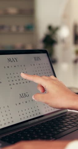 Hands, writing and calendar on laptop screen for business, schedule appointment and reminder. Person, entrepreneur notes and tech in startup for time management, important date and deadline agenda