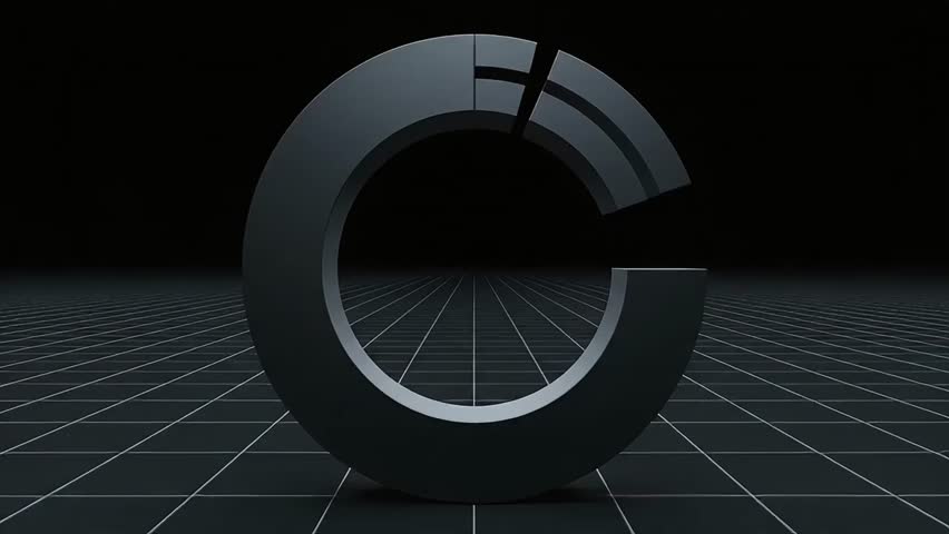 Dynamic 3D animation featuring a sleek, dark gray geometric ring on a futuristic grid background. The ring subtly deconstructs, with a segment separating and rotating, symbolizing data analysis - Powered by Shutterstock - Get 15% off with code: PIKWIZARD15