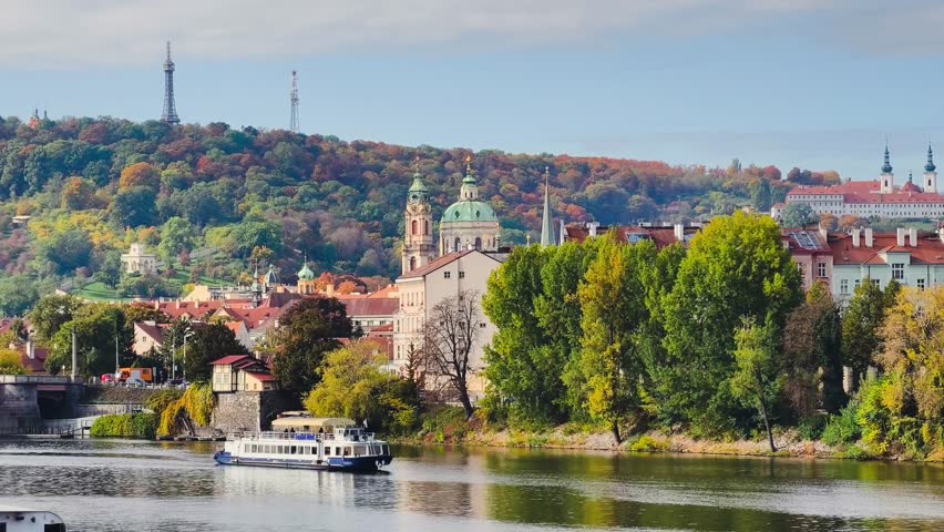 Prague Castle St Vitus Cathedral Autumn Cityscape Green Copper Domes Historic Architecture Czech Landmark Panoramic 4K Video