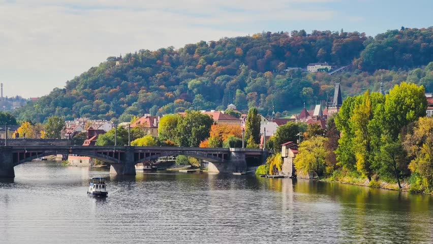 Prague Castle St Vitus Cathedral Autumn Cityscape Green Copper Domes Historic Architecture Czech Republic Landmark Panoramic. Video Footage 4K