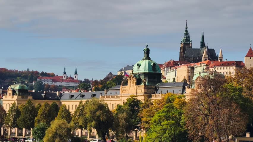 Prague Castle St Vitus Cathedral Autumn Cityscape Green Copper Domes Historic Architecture Czech Republic Landmark Panoramic 4K Video Footage